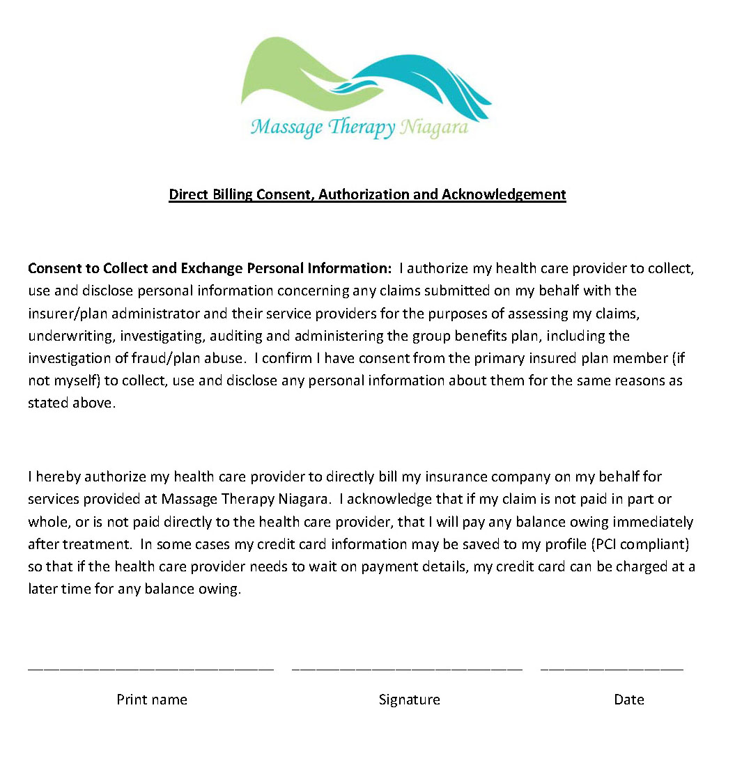 Direct Billing Consent, Authorization and Acknowledgement form